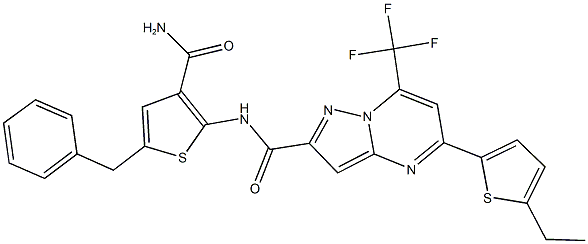 N-[3-(aminocarbonyl)-5-benzyl-2-thienyl]-5-(5-ethyl-2-thienyl)-7-(trifluoromethyl)pyrazolo[1,5-a]pyrimidine-2-carboxamide 结构式