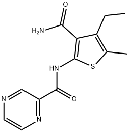 N-[3-(aminocarbonyl)-4-ethyl-5-methylthien-2-yl]pyrazine-2-carboxamide 化学構造式