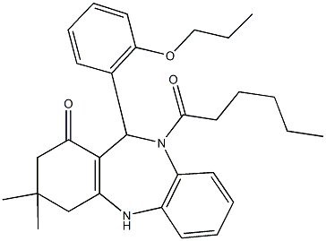 10-hexanoyl-3,3-dimethyl-11-(2-propoxyphenyl)-2,3,4,5,10,11-hexahydro-1H-dibenzo[b,e][1,4]diazepin-1-one 结构式