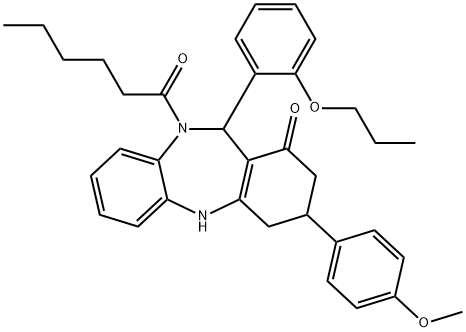 10-hexanoyl-3-(4-methoxyphenyl)-11-(2-propoxyphenyl)-2,3,4,5,10,11-hexahydro-1H-dibenzo[b,e][1,4]diazepin-1-one 结构式