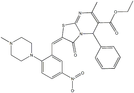 ethyl 2-[5-nitro-2-(4-methyl-1-piperazinyl)benzylidene]-7-methyl-3-oxo-5-phenyl-2,3-dihydro-5H-[1,3]thiazolo[3,2-a]pyrimidine-6-carboxylate,438492-94-5,结构式