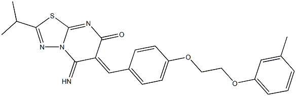 5-imino-2-isopropyl-6-{4-[2-(3-methylphenoxy)ethoxy]benzylidene}-5,6-dihydro-7H-[1,3,4]thiadiazolo[3,2-a]pyrimidin-7-one Struktur
