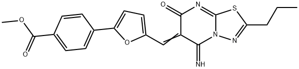 methyl 4-{5-[(5-imino-7-oxo-2-propyl-5H-[1,3,4]thiadiazolo[3,2-a]pyrimidin-6(7H)-ylidene)methyl]-2-furyl}benzoate Struktur