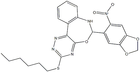 3-(hexylthio)-6-{6-nitro-1,3-benzodioxol-5-yl}-6,7-dihydro[1,2,4]triazino[5,6-d][3,1]benzoxazepine Structure