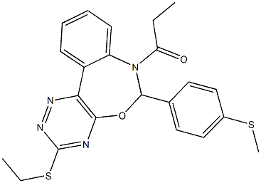 3-(ethylsulfanyl)-6-[4-(methylsulfanyl)phenyl]-7-propionyl-6,7-dihydro[1,2,4]triazino[5,6-d][3,1]benzoxazepine Struktur