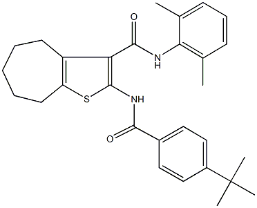 2-[(4-tert-butylbenzoyl)amino]-N-(2,6-dimethylphenyl)-5,6,7,8-tetrahydro-4H-cyclohepta[b]thiophene-3-carboxamide 化学構造式
