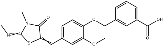 3-[(2-methoxy-4-{[3-methyl-2-(methylimino)-4-oxo-1,3-thiazolidin-5-ylidene]methyl}phenoxy)methyl]benzoic acid Struktur