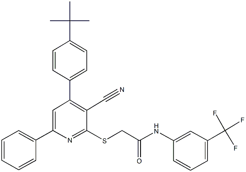 2-{[4-(4-tert-butylphenyl)-3-cyano-6-phenyl-2-pyridinyl]sulfanyl}-N-[3-(trifluoromethyl)phenyl]acetamide Structure