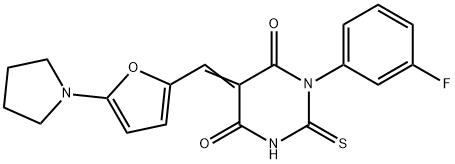 1-(3-fluorophenyl)-5-{[5-(1-pyrrolidinyl)-2-furyl]methylene}-2-thioxodihydro-4,6(1H,5H)-pyrimidinedione Structure