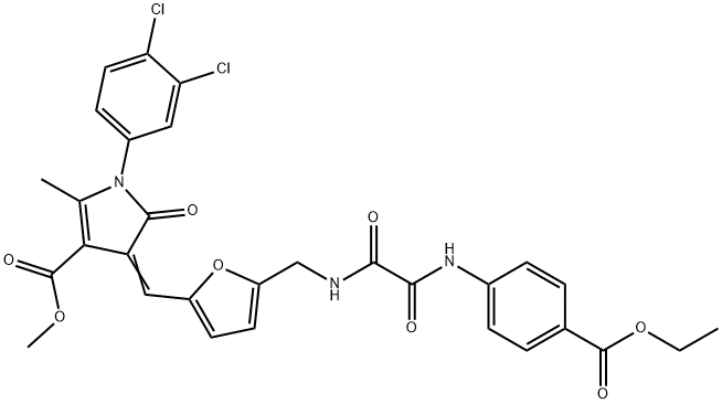 methyl 1-(3,4-dichlorophenyl)-4-{[5-({[[4-(ethoxycarbonyl)anilino](oxo)acetyl]amino}methyl)-2-furyl]methylene}-2-methyl-5-oxo-4,5-dihydro-1H-pyrrole-3-carboxylate Struktur