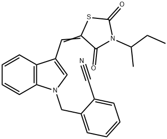 2-({3-[(3-sec-butyl-2,4-dioxo-1,3-thiazolidin-5-ylidene)methyl]-1H-indol-1-yl}methyl)benzonitrile Struktur