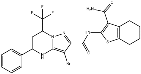 N-[3-(aminocarbonyl)-4,5,6,7-tetrahydro-1-benzothien-2-yl]-3-bromo-5-phenyl-7-(trifluoromethyl)-4,5,6,7-tetrahydropyrazolo[1,5-a]pyrimidine-2-carboxamide Struktur