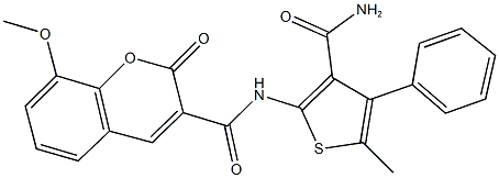 N-[3-(aminocarbonyl)-5-methyl-4-phenylthien-2-yl]-8-methoxy-2-oxo-2H-chromene-3-carboxamide Struktur