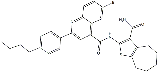 N-[3-(aminocarbonyl)-5,6,7,8-tetrahydro-4H-cyclohepta[b]thien-2-yl]-6-bromo-2-(4-butylphenyl)-4-quinolinecarboxamide 结构式