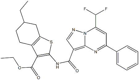 ethyl 2-({[7-(difluoromethyl)-5-phenylpyrazolo[1,5-a]pyrimidin-3-yl]carbonyl}amino)-6-ethyl-4,5,6,7-tetrahydro-1-benzothiophene-3-carboxylate Struktur