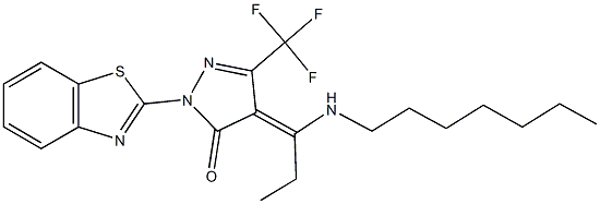 2-(1,3-benzothiazol-2-yl)-4-[1-(heptylamino)propylidene]-5-(trifluoromethyl)-2,4-dihydro-3H-pyrazol-3-one Structure