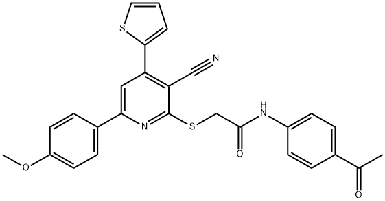 N-(4-acetylphenyl)-2-{[3-cyano-6-(4-methoxyphenyl)-4-(2-thienyl)-2-pyridinyl]sulfanyl}acetamide Struktur