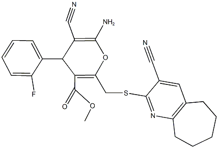 methyl 6-amino-5-cyano-2-{[(3-cyano-6,7,8,9-tetrahydro-5H-cyclohepta[b]pyridin-2-yl)sulfanyl]methyl}-4-(2-fluorophenyl)-4H-pyran-3-carboxylate Struktur