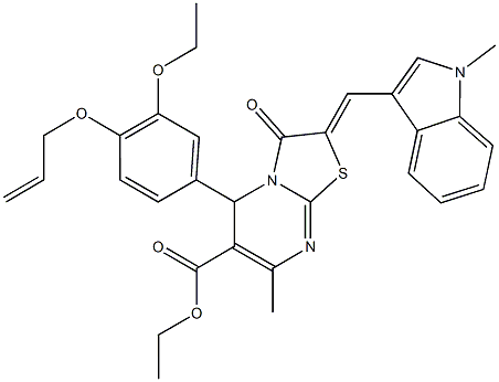 ethyl 5-[4-(allyloxy)-3-ethoxyphenyl]-7-methyl-2-[(1-methyl-1H-indol-3-yl)methylene]-3-oxo-2,3-dihydro-5H-[1,3]thiazolo[3,2-a]pyrimidine-6-carboxylate Struktur