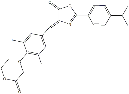 ethyl {2,6-diiodo-4-[(2-(4-isopropylphenyl)-5-oxo-1,3-oxazol-4(5H)-ylidene)methyl]phenoxy}acetate Struktur
