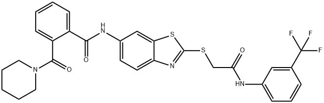 N-[2-({2-oxo-2-[3-(trifluoromethyl)anilino]ethyl}sulfanyl)-1,3-benzothiazol-6-yl]-2-(1-piperidinylcarbonyl)benzamide Struktur