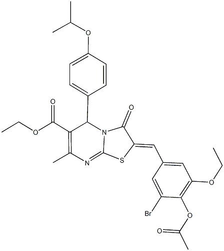 ethyl 2-[4-(acetyloxy)-3-bromo-5-ethoxybenzylidene]-5-(4-isopropoxyphenyl)-7-methyl-3-oxo-2,3-dihydro-5H-[1,3]thiazolo[3,2-a]pyrimidine-6-carboxylate Struktur