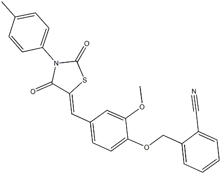 2-[(2-methoxy-4-{[3-(4-methylphenyl)-2,4-dioxo-1,3-thiazolidin-5-ylidene]methyl}phenoxy)methyl]benzonitrile Struktur