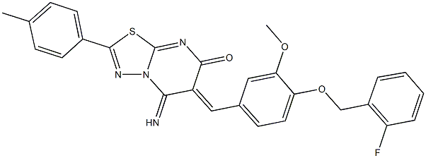 6-{4-[(2-fluorobenzyl)oxy]-3-methoxybenzylidene}-5-imino-2-(4-methylphenyl)-5,6-dihydro-7H-[1,3,4]thiadiazolo[3,2-a]pyrimidin-7-one 化学構造式