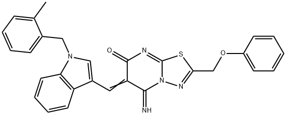 5-imino-6-{[1-(2-methylbenzyl)-1H-indol-3-yl]methylene}-2-(phenoxymethyl)-5,6-dihydro-7H-[1,3,4]thiadiazolo[3,2-a]pyrimidin-7-one Struktur