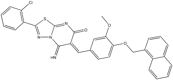 2-(2-chlorophenyl)-5-imino-6-[3-methoxy-4-(1-naphthylmethoxy)benzylidene]-5,6-dihydro-7H-[1,3,4]thiadiazolo[3,2-a]pyrimidin-7-one Struktur