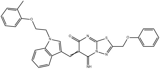 5-imino-6-({1-[2-(2-methylphenoxy)ethyl]-1H-indol-3-yl}methylene)-2-(phenoxymethyl)-5,6-dihydro-7H-[1,3,4]thiadiazolo[3,2-a]pyrimidin-7-one Struktur