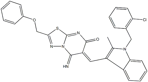 6-{[1-(2-chlorobenzyl)-2-methyl-1H-indol-3-yl]methylene}-5-imino-2-(phenoxymethyl)-5,6-dihydro-7H-[1,3,4]thiadiazolo[3,2-a]pyrimidin-7-one Struktur