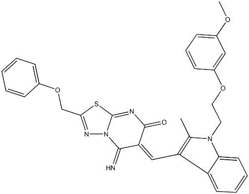 5-imino-6-({1-[2-(3-methoxyphenoxy)ethyl]-2-methyl-1H-indol-3-yl}methylene)-2-(phenoxymethyl)-5,6-dihydro-7H-[1,3,4]thiadiazolo[3,2-a]pyrimidin-7-one Struktur