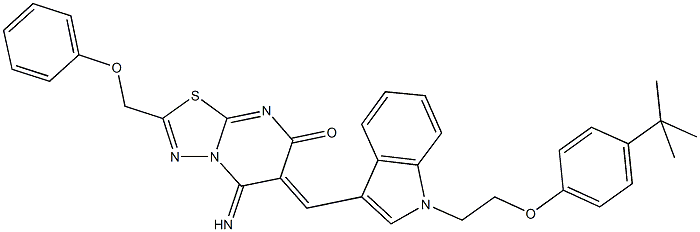 6-({1-[2-(4-tert-butylphenoxy)ethyl]-1H-indol-3-yl}methylene)-5-imino-2-(phenoxymethyl)-5,6-dihydro-7H-[1,3,4]thiadiazolo[3,2-a]pyrimidin-7-one Struktur