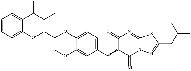 6-{4-[2-(2-sec-butylphenoxy)ethoxy]-3-methoxybenzylidene}-5-imino-2-isobutyl-5,6-dihydro-7H-[1,3,4]thiadiazolo[3,2-a]pyrimidin-7-one,445457-67-0,结构式