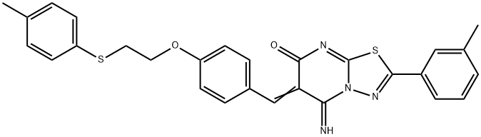 5-imino-2-(3-methylphenyl)-6-(4-{2-[(4-methylphenyl)sulfanyl]ethoxy}benzylidene)-5,6-dihydro-7H-[1,3,4]thiadiazolo[3,2-a]pyrimidin-7-one Struktur