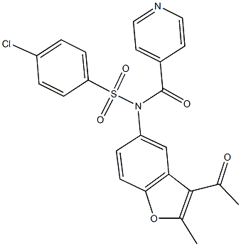 N-(3-acetyl-2-methyl-1-benzofuran-5-yl)-4-chloro-N-isonicotinoylbenzenesulfonamide 化学構造式