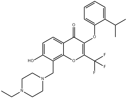 8-[(4-ethyl-1-piperazinyl)methyl]-7-hydroxy-3-(2-isopropylphenoxy)-2-(trifluoromethyl)-4H-chromen-4-one Struktur