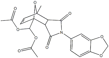 (acetyloxy)[4-(1,3-benzodioxol-5-yl)-7-methyl-3,5-dioxo-10-oxa-4-azatricyclo[5.2.1.0~2,6~]dec-8-en-1-yl]methyl acetate Structure