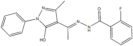 2-fluoro-N'-[1-(5-hydroxy-3-methyl-1-phenyl-1H-pyrazol-4-yl)ethylidene]benzohydrazide Struktur