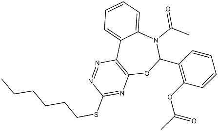 2-[7-acetyl-3-(hexylsulfanyl)-6,7-dihydro[1,2,4]triazino[5,6-d][3,1]benzoxazepin-6-yl]phenyl acetate Struktur