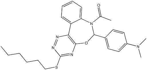 N-{4-[7-acetyl-3-(hexylsulfanyl)-6,7-dihydro[1,2,4]triazino[5,6-d][3,1]benzoxazepin-6-yl]phenyl}-N,N-dimethylamine 化学構造式