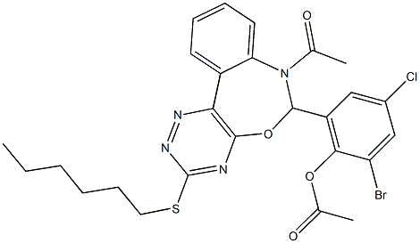 2-[7-acetyl-3-(hexylsulfanyl)-6,7-dihydro[1,2,4]triazino[5,6-d][3,1]benzoxazepin-6-yl]-6-bromo-4-chlorophenyl acetate Struktur
