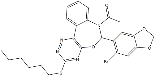 7-acetyl-6-(6-bromo-1,3-benzodioxol-5-yl)-6,7-dihydro[1,2,4]triazino[5,6-d][3,1]benzoxazepin-3-yl hexyl sulfide Struktur