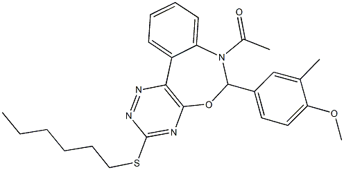 4-[7-acetyl-3-(hexylsulfanyl)-6,7-dihydro[1,2,4]triazino[5,6-d][3,1]benzoxazepin-6-yl]-2-methylphenyl methyl ether Struktur
