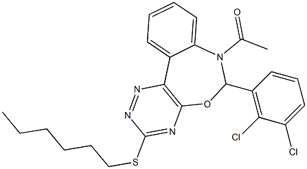 7-acetyl-6-(2,3-dichlorophenyl)-3-(hexylsulfanyl)-6,7-dihydro[1,2,4]triazino[5,6-d][3,1]benzoxazepine Struktur