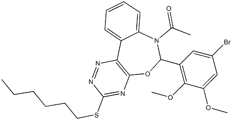 7-acetyl-6-(5-bromo-2,3-dimethoxyphenyl)-3-(hexylsulfanyl)-6,7-dihydro[1,2,4]triazino[5,6-d][3,1]benzoxazepine Struktur