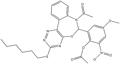 2-[7-acetyl-3-(hexylsulfanyl)-6,7-dihydro[1,2,4]triazino[5,6-d][3,1]benzoxazepin-6-yl]-6-nitro-4-methoxyphenyl acetate Struktur