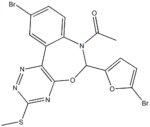 7-acetyl-10-bromo-6-(5-bromo-2-furyl)-6,7-dihydro[1,2,4]triazino[5,6-d][3,1]benzoxazepin-3-yl methyl sulfide Struktur