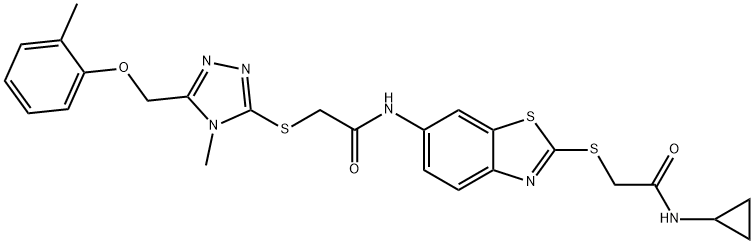 N-(2-{[2-(cyclopropylamino)-2-oxoethyl]sulfanyl}-1,3-benzothiazol-6-yl)-2-({4-methyl-5-[(2-methylphenoxy)methyl]-4H-1,2,4-triazol-3-yl}sulfanyl)acetamide Structure